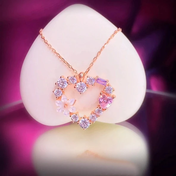 Işıltılı Kalp Tutkusu Manolya Çiçeği Flowers Gümüş Kolye - Altın - Resim 5