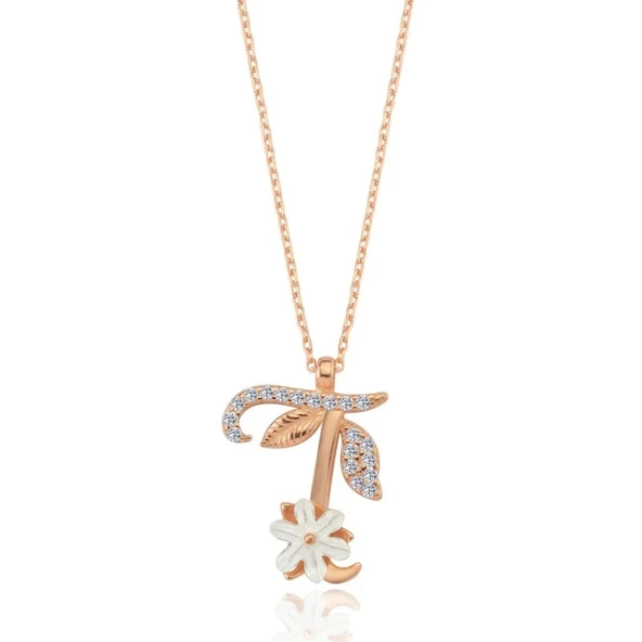 Işıltılı Manolya Çiçeği T Harfi Gümüş Harfli Kolye - Rose ürün görseli 1