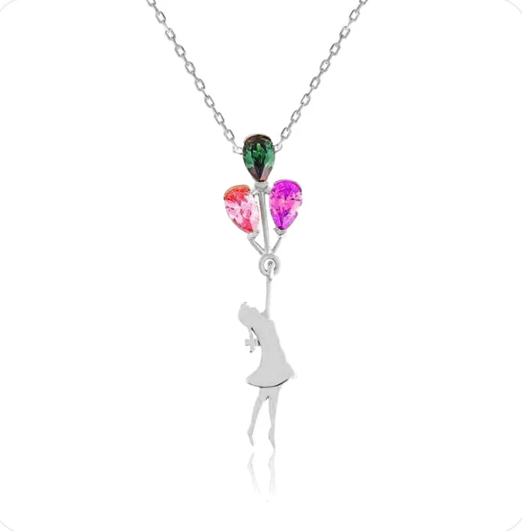 Taşlı Balonlu Kız Ay Kolye - Resim 3