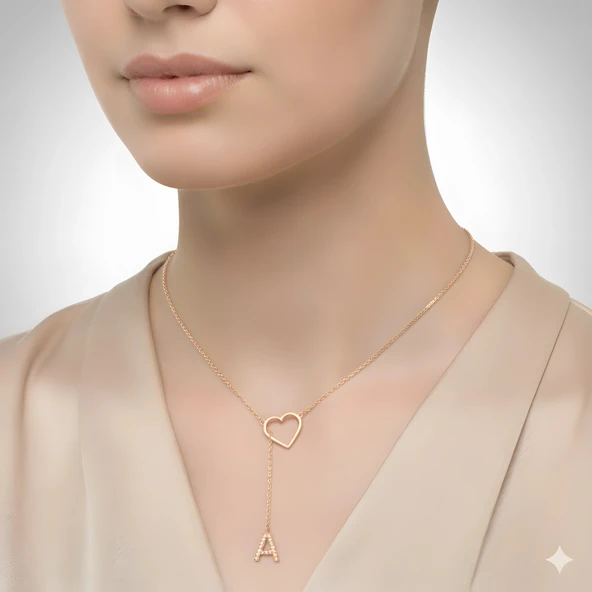 Taşlı Harf Kalp Gümüş Kolye - Rose - Resim 2