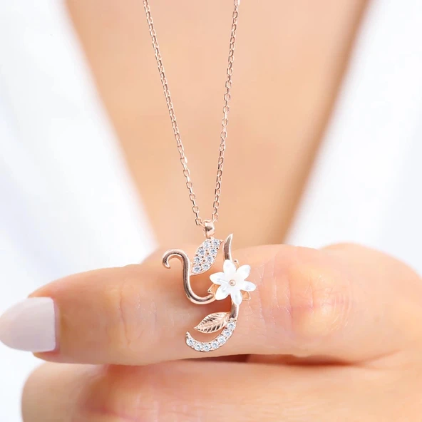 Işıltılı Manolya Çiçeği Y Harfi Gümüş Harfli Kolye - Altın - Resim 2