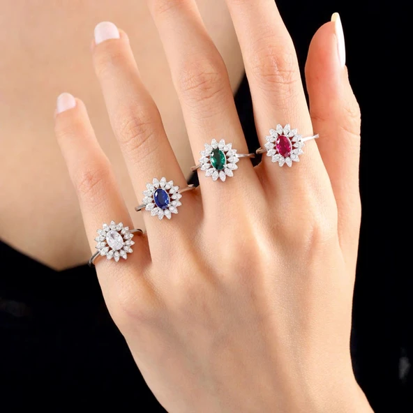 Pırlanta Montür Vega Yıldızı Sentetik Safir Gümüş Yüzük - Gümüş - Resim 3