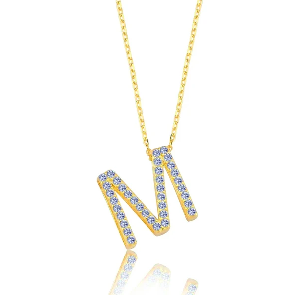 Işıltılı Prizma M Harfi Gümüş Kolye - Altın ürün görseli 1