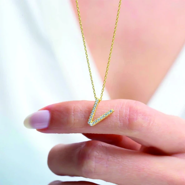 Işıltılı Prizma V Harfi Gümüş Kolye - Rose - Resim 3