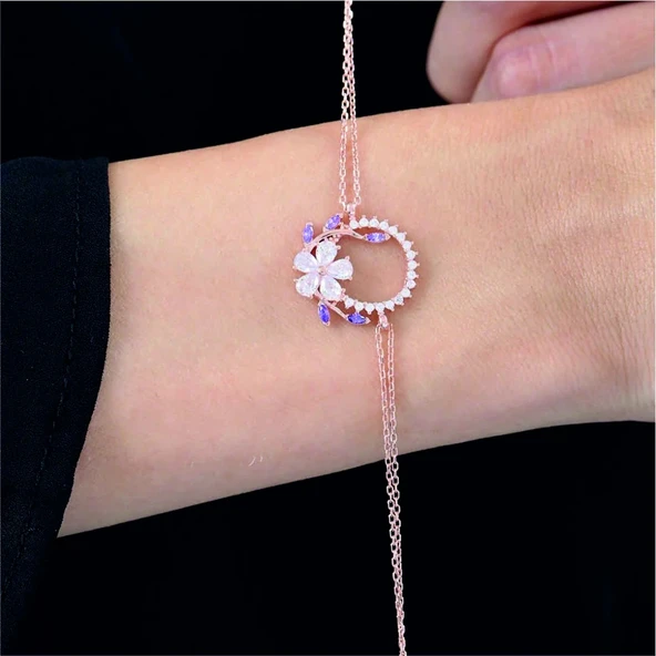 Pırlanta Montür Ametist Tacı Rose Renk Flowers Gümüş Bileklik - Altın - Resim 2