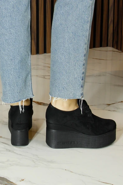 Erkan Saçmacı Apricity Siyah Süet Yuvarlak Burun Bağcıklı Gizli Dolgu Topuklu Günlük Ayakkabı - Resim 5