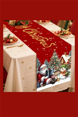 Ekstra Uzun Noel Masa Örtüsü | Bordo / Altın / Yeşil / Gri / Kahverengi Seçenekli Polyester Yılbaşı Sofra Dekoru (1 Adet) - Resim 5