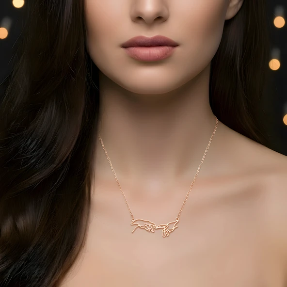 Buluşan Eller Gümüş Kolye - Rose - Resim 2