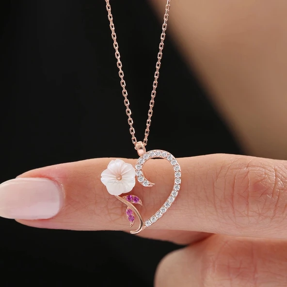 Kalp Demeti Manolya Çiçeği Flowers Gümüş Kolye - Rose - Resim 2