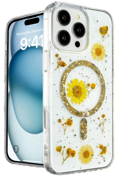 LitaeTrend iPhone 16 Pro Max Kılıf Daisy Simli Magsafe Kapak - Gold ürün görseli 1