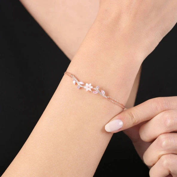 Pink Taşlı Manolya Çiçeği Zarafet Bağı Renk Flowers Gümüş Bileklik - Altın ürün görseli 1