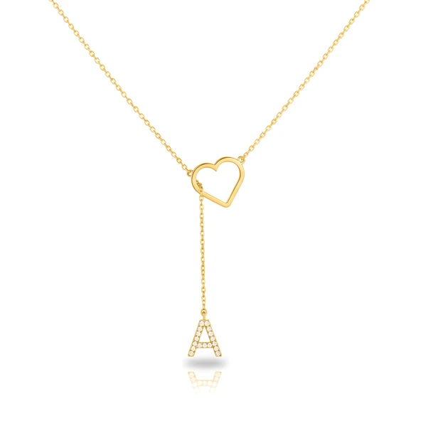 Taşlı Harf Kalp Gümüş Kolye - Altın ürün görseli 1