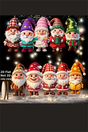 10'lu Ahşap Noel Cüce Süs Seti | 2D Düz Baskı Renkli Asma Dekorları / Ev & Parti & Hediye Etiketi - Resim 5