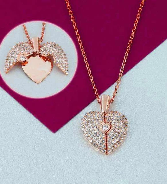 Açılan Kalp Taşlı Gümüş  Kolye - Rose ürün görseli 1