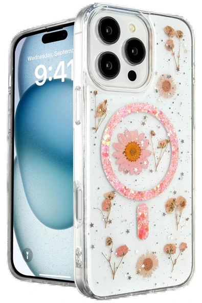 LitaeTrend iPhone 16 Pro Kılıf Daisy Simli Magsafe Kapak - Pembe ürün görseli 1