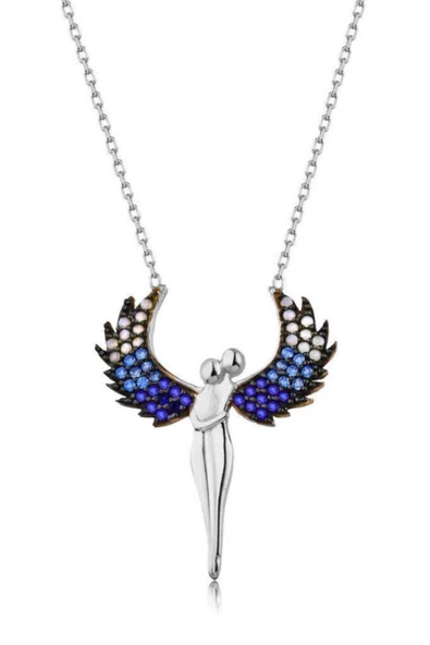 925 Ayar Gümüş Renkli Taşlı Melek Sevgili Kolye - Gümüş ürün görseli 1