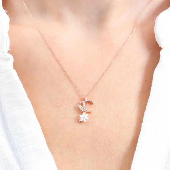 Işıltılı Manolya Çiçeği F Harfi Gümüş Harfli Kolye - Rose - Resim 3