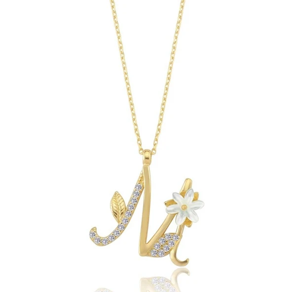 Işıltılı Manolya Çiçeği M Harfi Gümüş Harfli Kolye - Rose - Resim 5