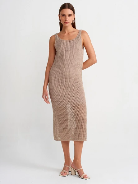 90206 DİLVİN ASKILI AJURLU ASTARLI TRİKO ELBİSE - Resim 2