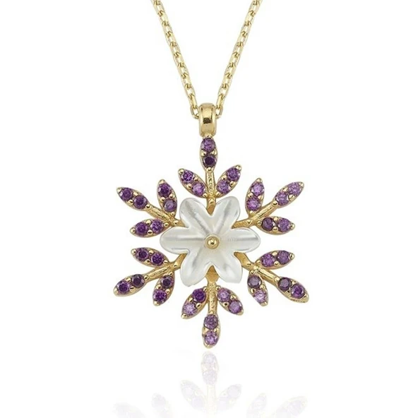 Ametist Taşlı Kar Çiçeği Flowers Gümüş Kolye - Altın ürün görseli 1