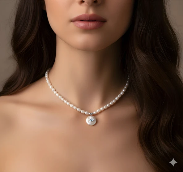 İncili Göz Gümüş Kolye - Gümüş - Resim 2