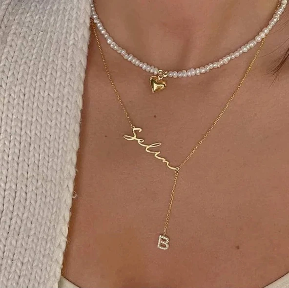 Yeni Taşlı Harf İsimli Gümüş Kolye - Altın - Resim 2