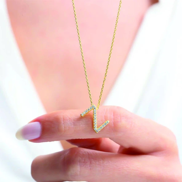 Işıltılı Prizma Z Harfi Gümüş Kolye - Altın - Resim 3