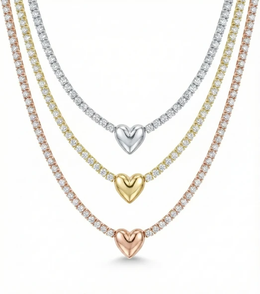 Kalp Suyolu Taşlı Gümüş Kolye - Altın - Resim 2