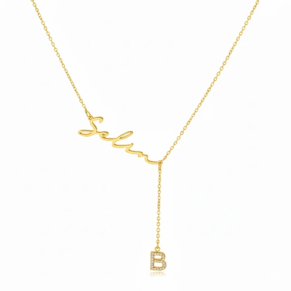 Yeni Taşlı Harf İsimli Gümüş Kolye - Altın ürün görseli 1