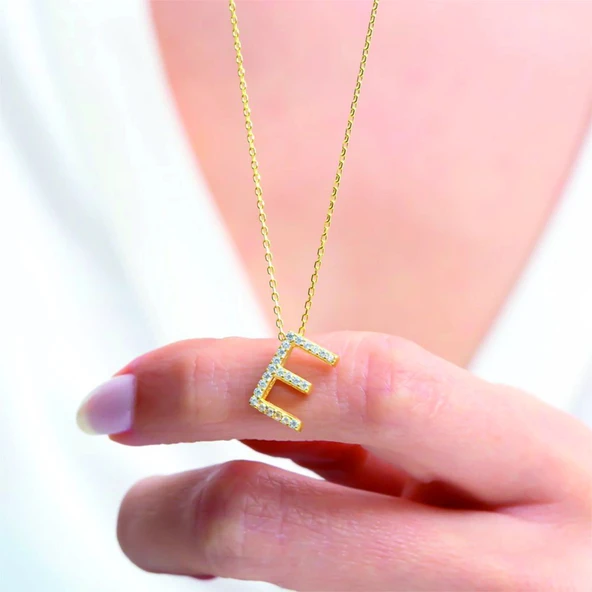 Işıltılı Prizma E Harfi Gümüş Kolye - Rose - Resim 2