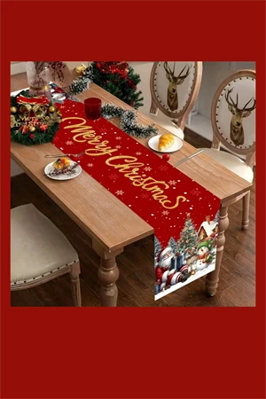 Ekstra Uzun Noel Masa Örtüsü | Bordo / Altın / Yeşil / Gri / Kahverengi Seçenekli Polyester Yılbaşı Sofra Dekoru (1 Adet) - Resim 3