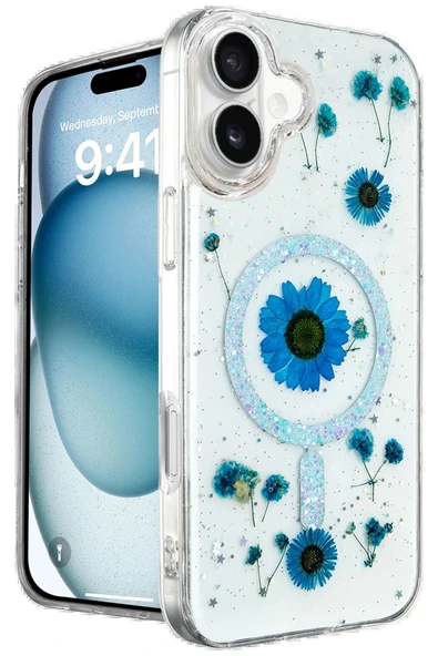 LitaeTrend iPhone 16 Kılıf Daisy Simli Magsafe Kapak - Mavi ürün görseli 1