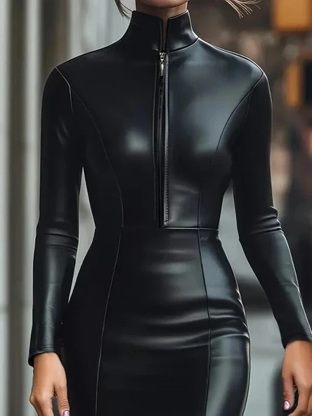 MDB Kadın Uzun Kollu Yakalı Fermuarlı Mini Deri Elbise - Resim 2