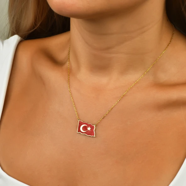 Türk Bayrağı Mineli Gümüş Kolye - Altın - Resim 2