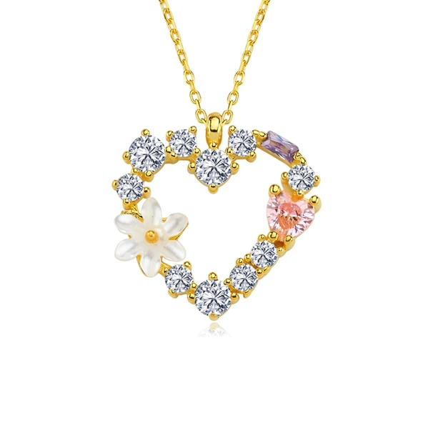 Işıltılı Kalp Tutkusu Manolya Çiçeği Flowers Gümüş Kolye - Altın - Resim 3