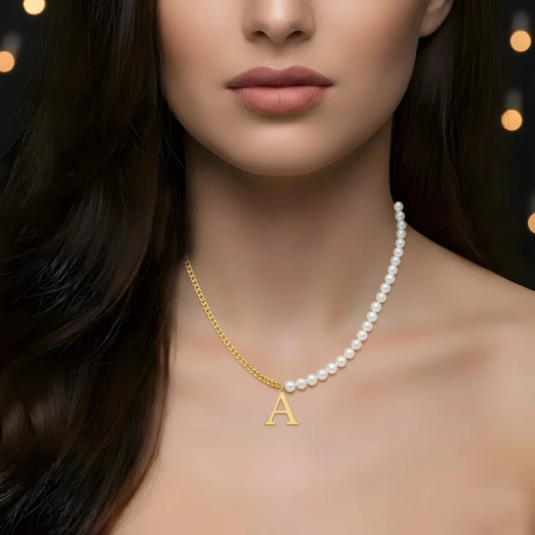 İnci Harf Gümüş Kolye - Altın - Resim 2