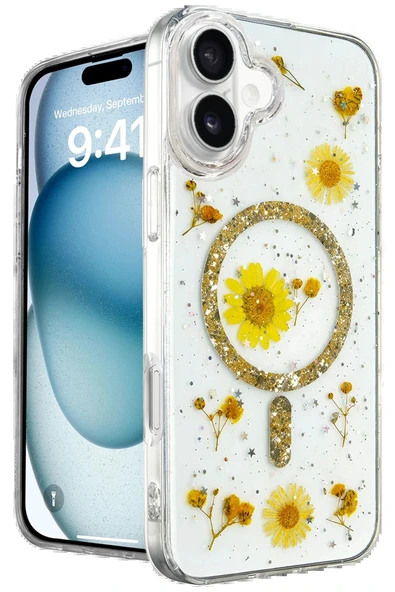 LitaeTrend iPhone 16 Kılıf Daisy Simli Magsafe Kapak - Gold ürün görseli 1