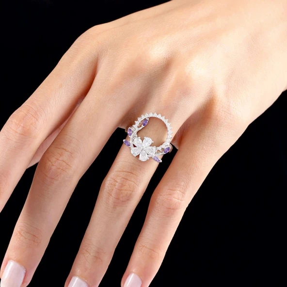 Pırlanta Montür Ametist Tacı Flowers Gümüş Yüzük - Gümüş - Resim 2