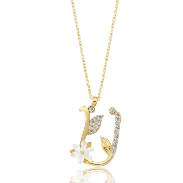 Işıltılı Manolya Çiçeği U Harfi Gümüş Harfli Kolye - Altın ürün görseli 1