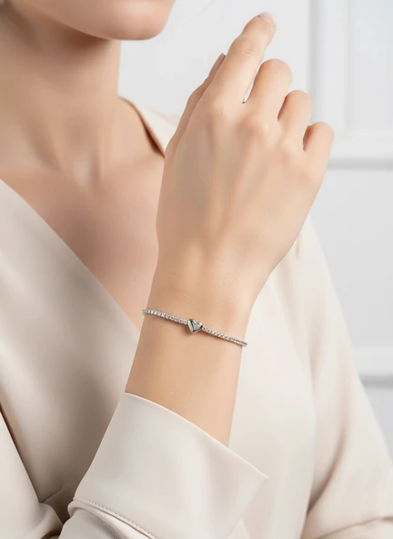 Kalp Suyolu Taşlı Gümüş Bileklik - Altın - Resim 2