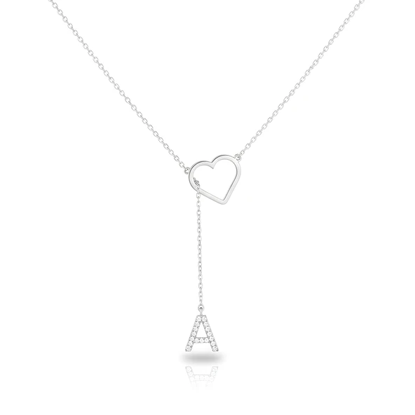 Taşlı Harf Kalp Gümüş Kolye - Gümüş ürün görseli 1