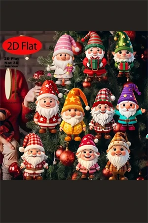 10'lu Ahşap Noel Cüce Süs Seti | 2D Düz Baskı Renkli Asma Dekorları / Ev & Parti & Hediye Etiketi - Resim 3