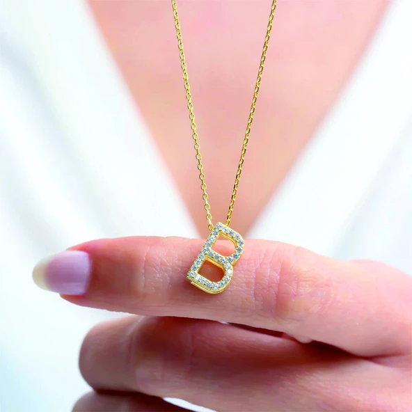 Işıltılı Prizma C Harfi Gümüş Kolye - Altın - Resim 3