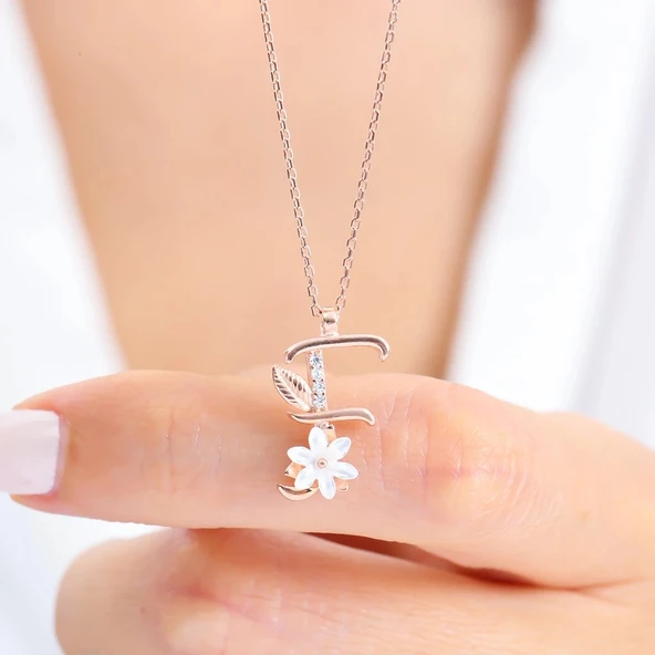 Işıltılı Manolya Çiçeği F Harfi Gümüş Harfli Kolye - Altın - Resim 2