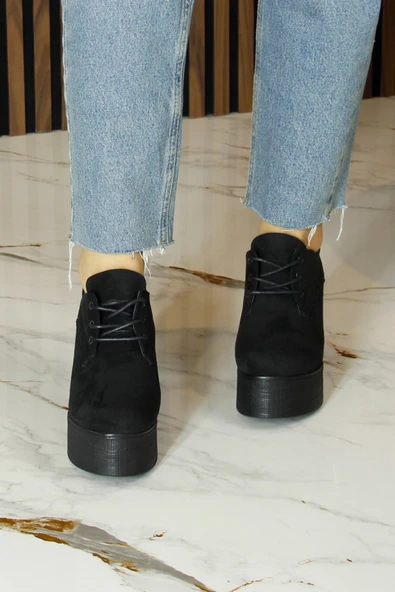 Erkan Saçmacı Apricity Siyah Süet Yuvarlak Burun Bağcıklı Gizli Dolgu Topuklu Günlük Ayakkabı - Resim 4