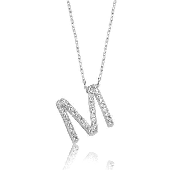 Işıltılı Prizma M Harfi Gümüş Kolye - Gümüş ürün görseli 1