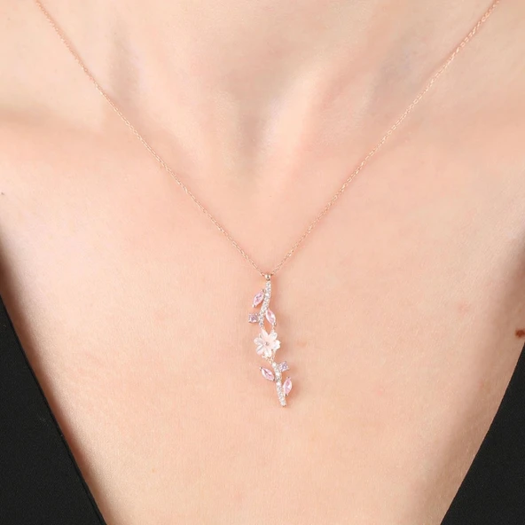 Pink Taşlı Manolya Çiçeği Zarafet Bağı Flowers Gümüş Kolye - Altın - Resim 2