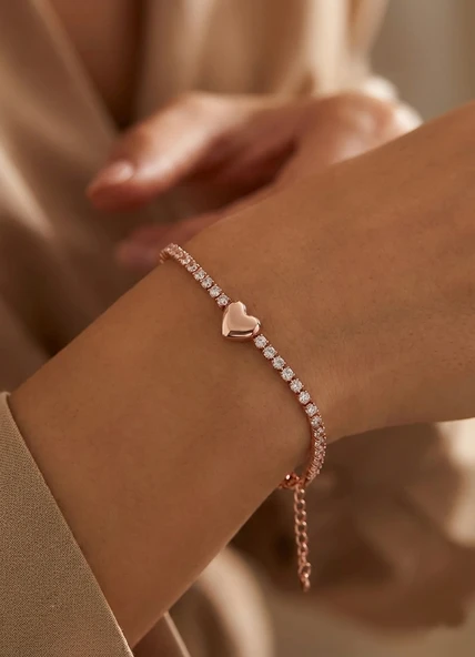 Kalp Suyolu Taşlı Gümüş Bileklik - Altın - Resim 3