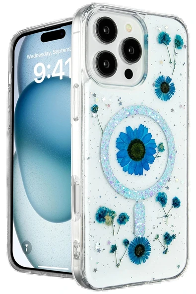 LitaeTrend iPhone 16 Pro Kılıf Daisy Simli Magsafe Kapak - Mavi ürün görseli 1