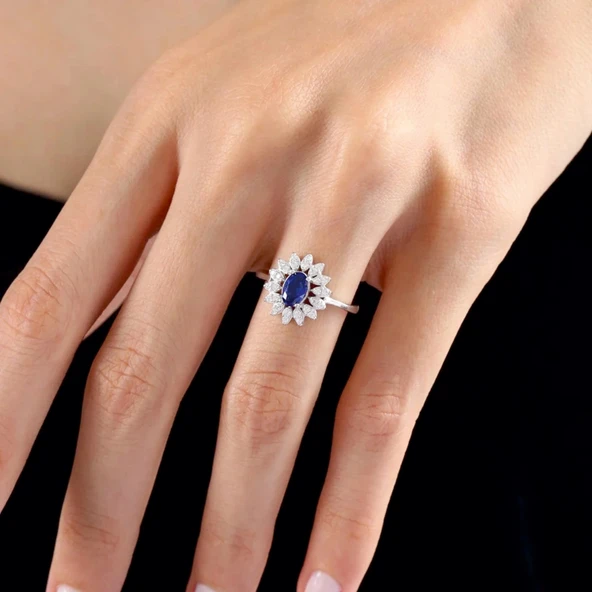 Pırlanta Montür Vega Yıldızı Sentetik Safir Gümüş Yüzük - Rose ürün görseli 1